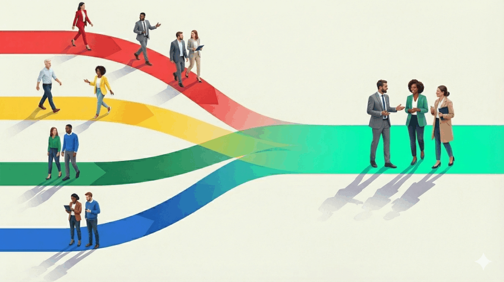 Illustration of diverse professionals walking along four coloured paths—red, yellow, green, and blue—that merge into a single shared pathway. The people come together and engage in conversation on the unified path, symbolising how different DISC styles connect through improved communication and emotional intelligence.