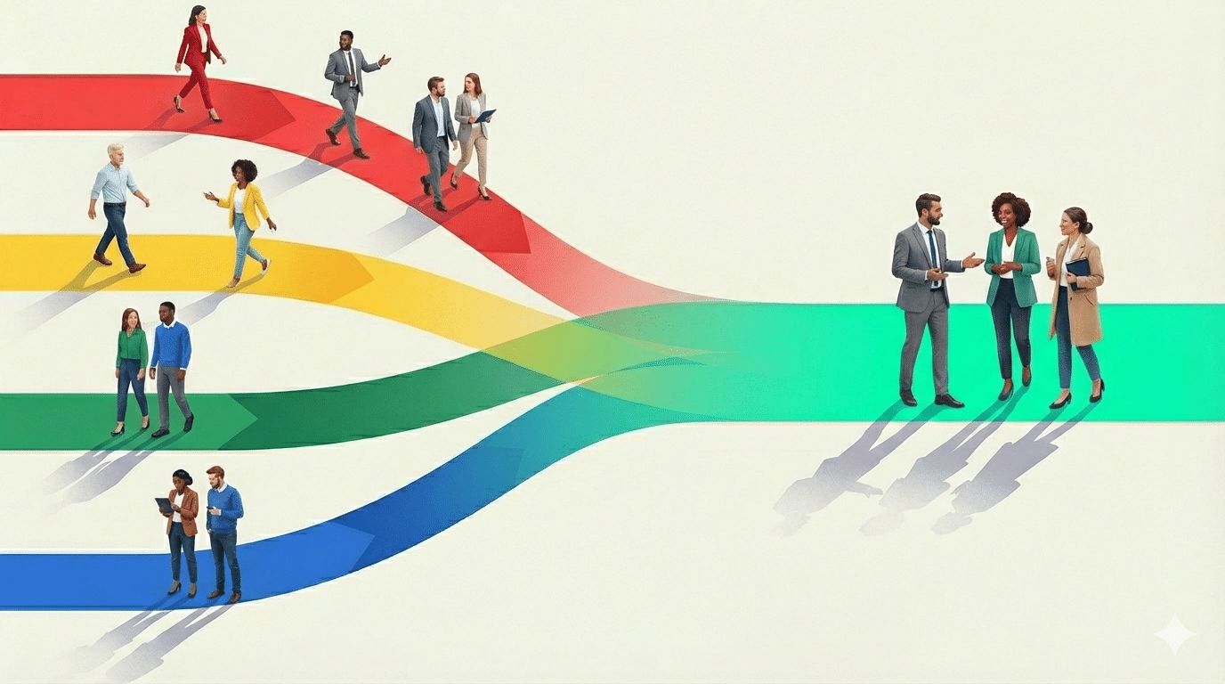 Illustration of diverse professionals walking along four coloured paths—red, yellow, green, and blue—that merge into a single shared pathway. The people come together and engage in conversation on the unified path, symbolising how different DISC styles connect through improved communication and emotional intelligence.