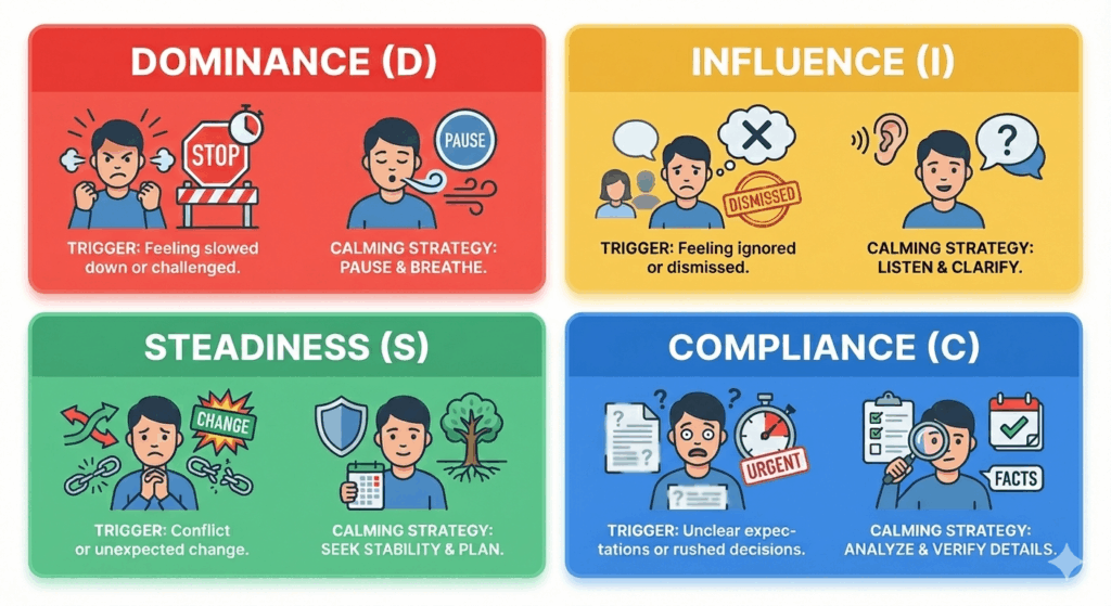 Infographic showing emotional triggers and calming strategies for each DISC style: Dominance feeling slowed down, Influence feeling ignored, Steadiness stressed by conflict or change, and Compliance triggered by unclear expectations. Includes icons illustrating each trigger and response.