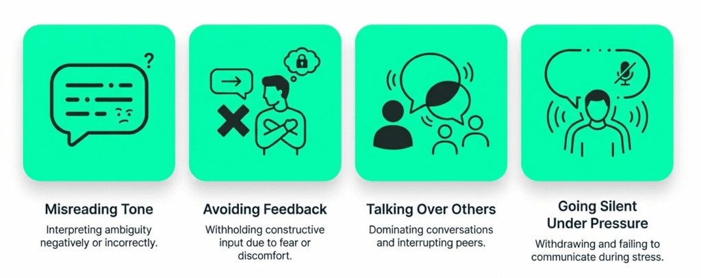 Infographic displaying four common communication pitfalls: misreading tone, avoiding feedback, talking over others, and going silent under pressure. Each pitfall includes a simple icon and short description.