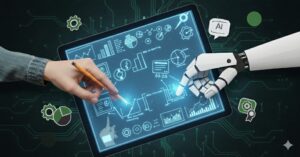 AI in the workplace showing human and artificial intelligence collaboration on data and decision-making